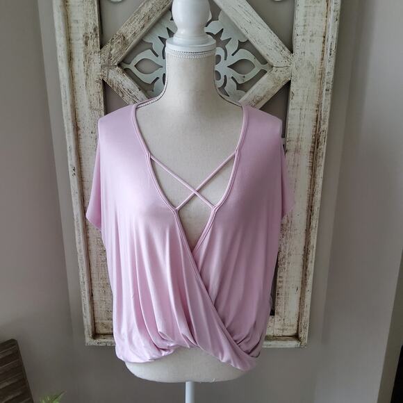 Cy Fashion Women's Deep V-Neck Surplice Criss Cross Top in Baby Pink Blush - Picture 2 of 11